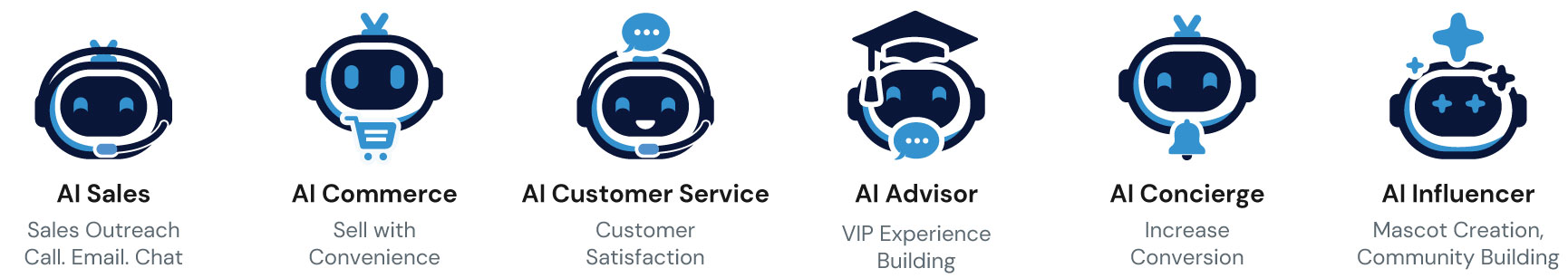 Vision AI Suite modules: AI Sales, AI Commerce, AI Customer Service, AI Advisor, AI Concierge, AI Influencer, AI Creator, AI Assistant, AI Support, AI Instructor, AI Analyst and AI Manager